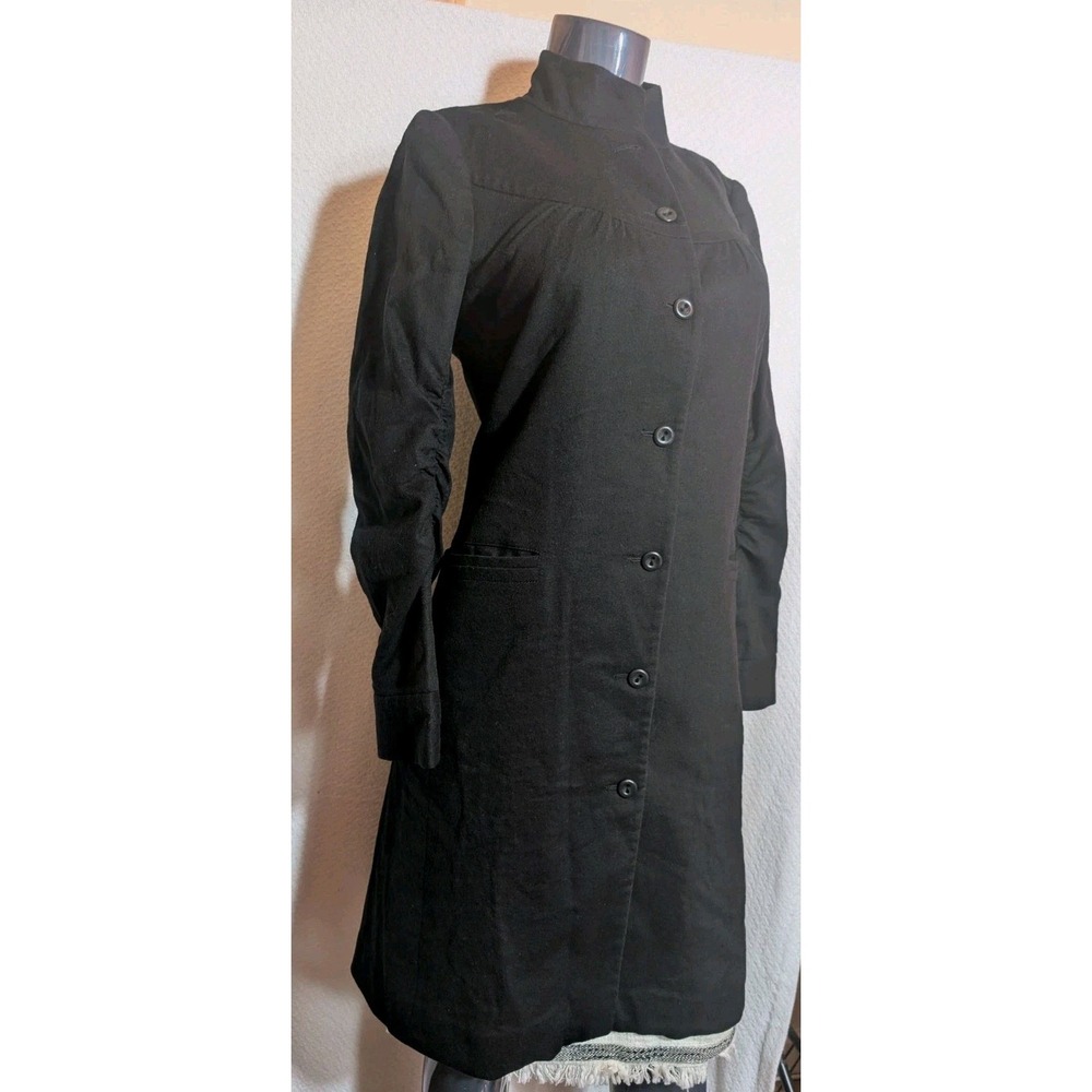 Vintage Black Ruched Sleeve Mock Neck Button Front Trench Coat Mid Length Womens